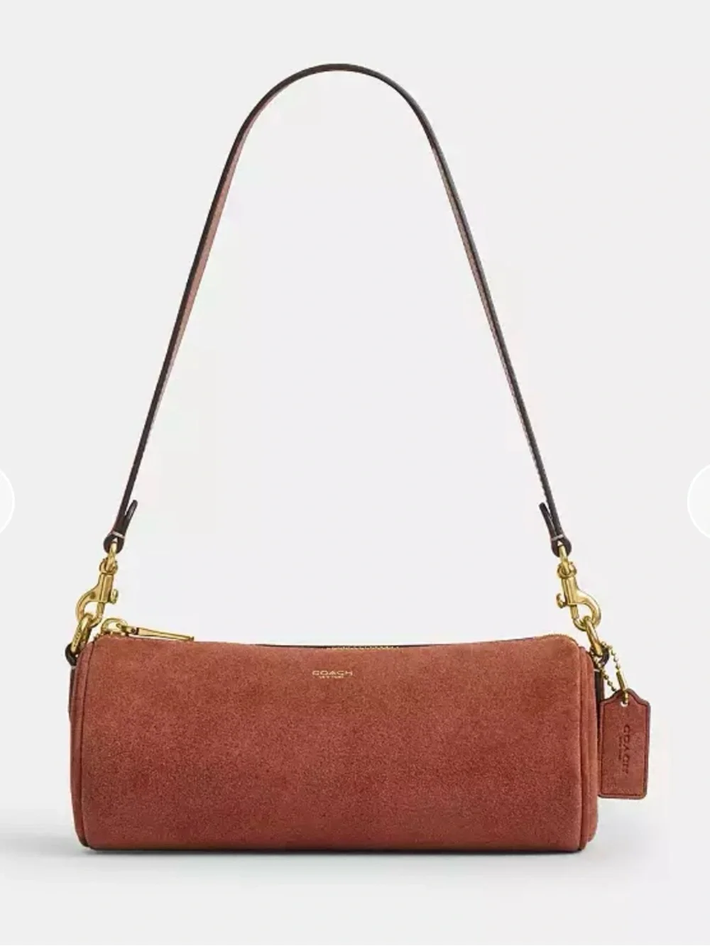 Sold out, Coach Suede Barrel Shoulder Bag in Rust Brown with Gold Hardware